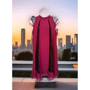 BCBGeneration Dress M Crushed Berry Black Lace Inlay Pleated Hem Lined Sexy